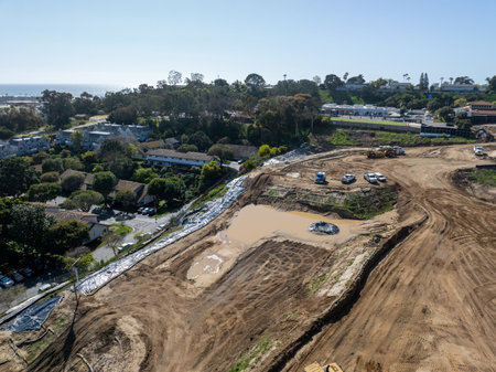 Aerial view of heavy construction equipment working at the construction site. San Diego, California, March, 10th, 2024のeditorial素材