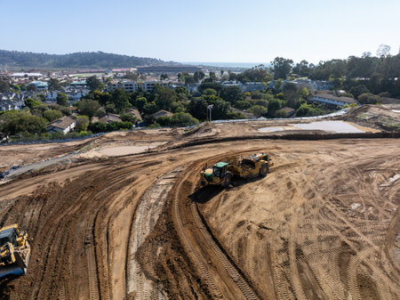 Aerial view of heavy construction equipment working at the construction site. San Diego, California, March, 10th, 2024のeditorial素材