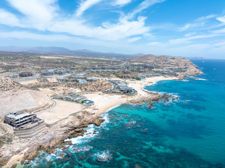 Aerial view of tropical beach with resorts in Cabo San Jose, Baja California Sur, Mexicoの写真素材