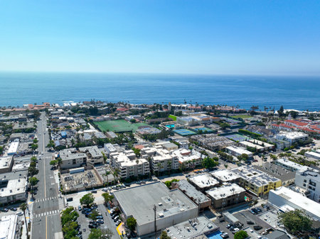 Aerial view over La Jolla with villas and ocean in the background, San Diego, California, USAの写真素材