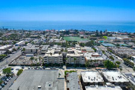 Aerial view over La Jolla with big buildings and ocean in the background, San Diego, California, USAの写真素材