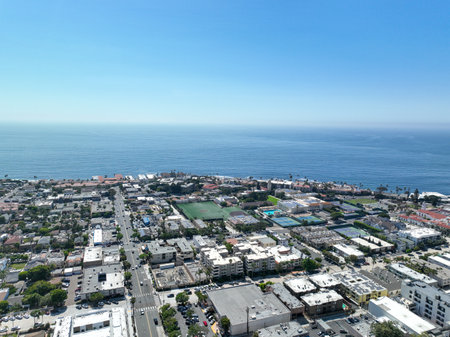 Aerial view over La Jolla with big villas and ocean in the background, San Diego, California, USAの写真素材