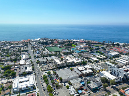 Aerial view over La Jolla with big villas and ocean in the background, San Diego, Californiaの写真素材