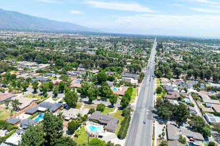 Aerial view of Upland city in San Bernardino County, California, on the border with neighboring Los Angeles County.の写真素材