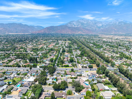 Aerial view of Upland city in San Bernardino County, California, on the border with neighboring Los Angeles County.の写真素材