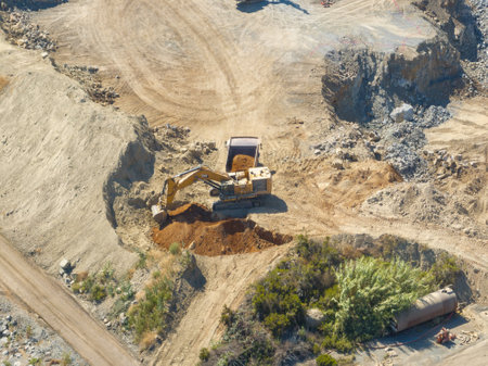 Aerial view of industrial sand and gravel quarry open-pit mining site In San Diego, California, USAの写真素材