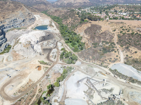 Aerial view of industrial sand and gravel quarry open-pit mining site In San Diego, California, USAの写真素材