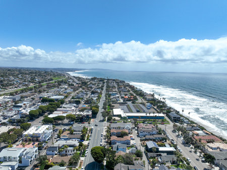 Aerial view of wealthy Encinitas town with blue ocean in San Diego, South California, USA.の写真素材