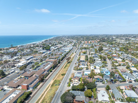 Aerial view of wealthy Encinitas town with blue ocean in San Diego, South California, USA.