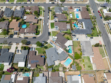 Day time aerial view of the Uptown area of Whittier with house and street, California, USAの写真素材