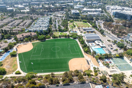 Aerial view of a neighborhood in San Diego County, California, United States, located next to the coast of the Pacific Oceanの写真素材