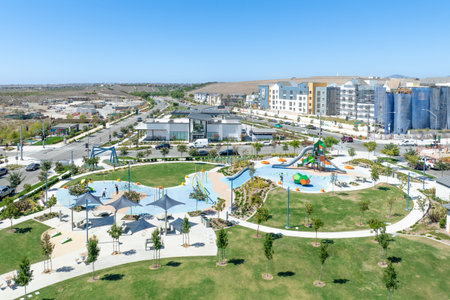 Aerial view of residential community big playground with slides, swingsの写真素材