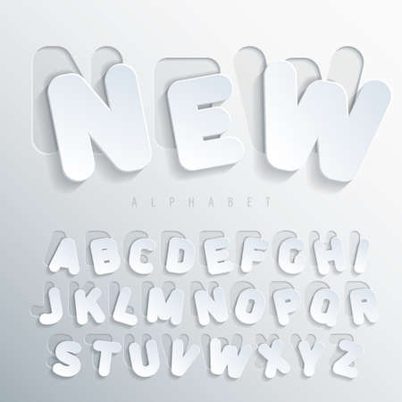 Sticker alphabet. Carved base of white cardboard letters, placed on the right side of this base with varying degrees of bias. Volumetric letters with thin round-up angles. Vector illustrationのイラスト素材