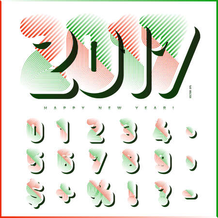 Retro style striped numbers. Vintage alphabet. Two-color numerals with slanted lines and flat shadows. Best to use for Christmas posters, X-mas cards, headlines and dates. Vector design elements.のイラスト素材