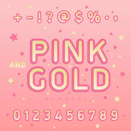 Bright and colorful numbers pink and gold in the front and little stars on the background. Can be used for kids, fashion, posters, web design. Vector illustration concept.のイラスト素材