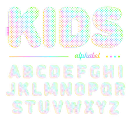 A cheerful kids font with colored dots used in education, advertising, design shops, and postcards for the holidays. Vector illustration.のイラスト素材