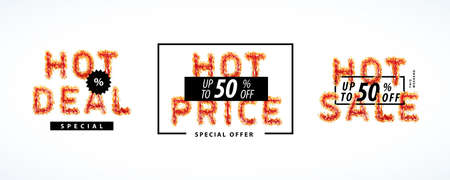 Discount fire letters set. Hot deals, special offer price and super sale depicting flame pattern. Labels to promote your business. Vector illustrationのイラスト素材