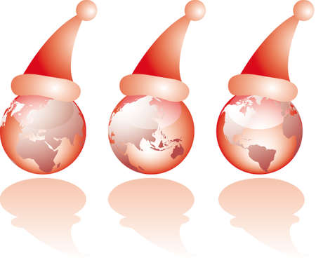 Three globe world glass views with christmas santa hatのイラスト素材