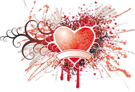 Big red swirl heart with splash background and a scrollのイラスト素材