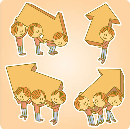 Little people holding and carrying big three dimensional arrow shapesのイラスト素材