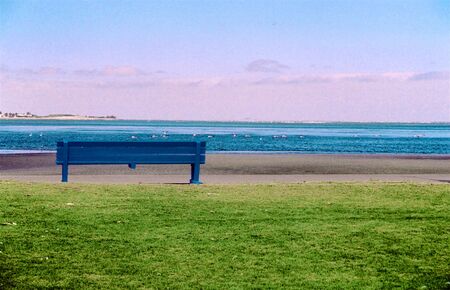 A blue bench in front of the oceanの写真素材