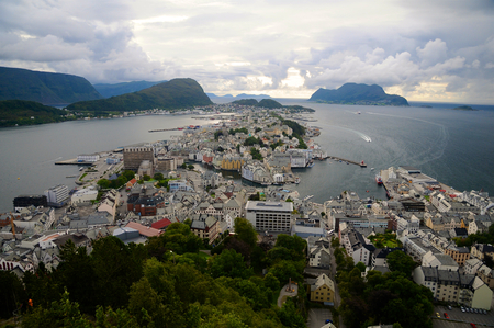 A view of the Norwegian city of Alesund from the Aksla hillの写真素材