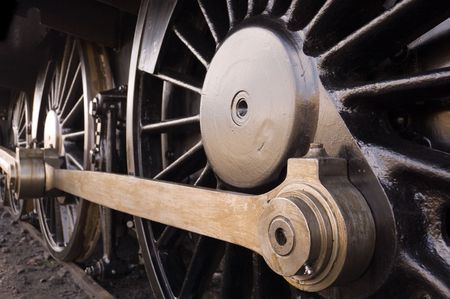 Steam locomotive wheel and coupling rodsの写真素材