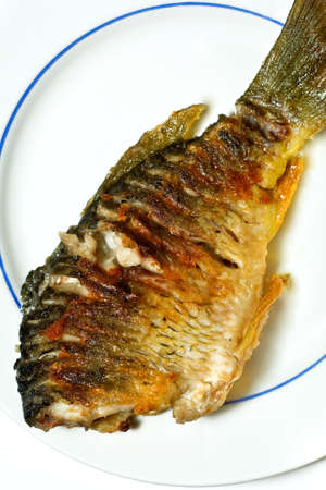 Fried fish over the white plateの写真素材
