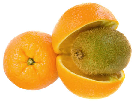 Kiwi and orange isolated on white background. Vulturous orange - it's funny!の写真素材