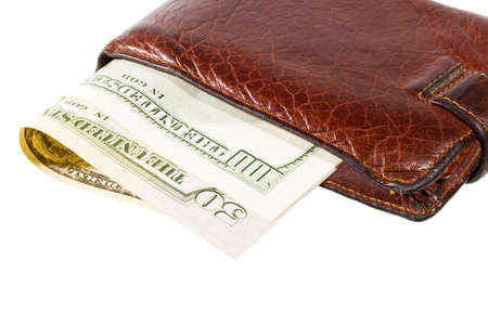 Leather wallet with bills inside isolated on white background