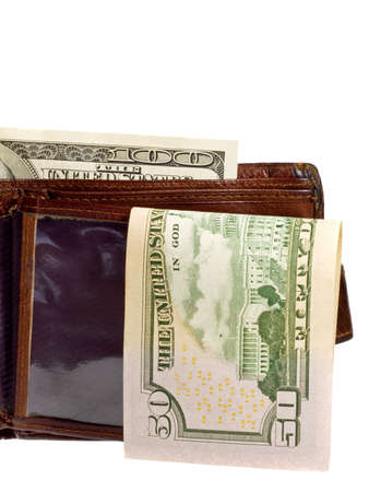 Leather wallet with bills inside isolated on white background