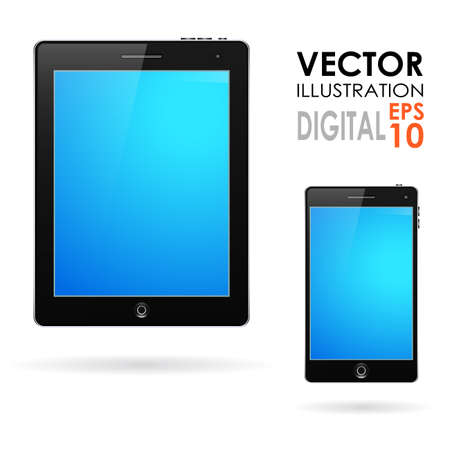 Set of realistic display, tablet computer and mobile phone template with blue screenのイラスト素材