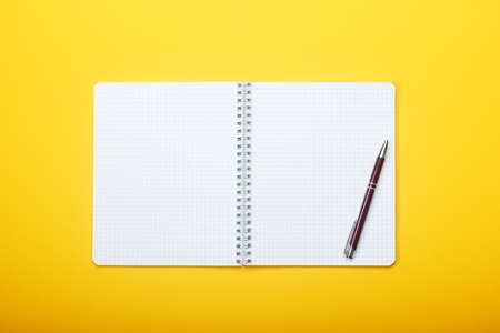 Notebook and pen on a yellow background. Flat lay style.