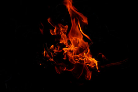 Burning red-orange fire on a black background. High quality photoの写真素材