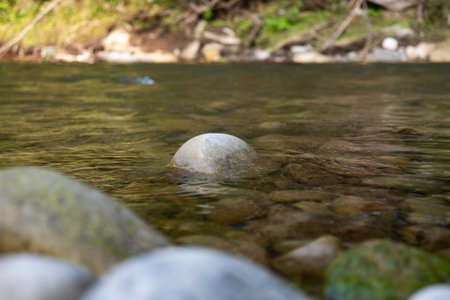 Close-up of a stone in a river with a strong current. Front, back background blurred. High quality...