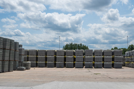 lots of gray bricks, building blocks, paving slabs neatly stacked. High quality photoの写真素材