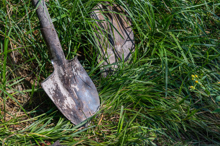 Garden shovel. Shovel embedded in the ground. Gardening in a country house. Gardener's tool. High quality photoの写真素材