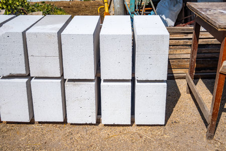 Blocks of aerated concrete close-up. Laying aerated concrete blocks. Construction of aerated concrete blocks, bricks. High quality photoの写真素材
