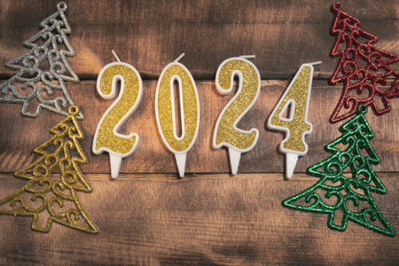 Beautiful New Year background with the date 2024, against the backdrop of Christmas tree decorations