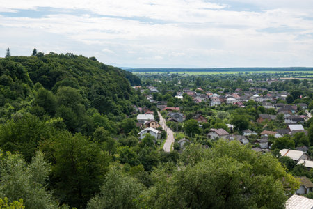 View of the village from the mountain. On the left is a mountain covered with trees, on the right is...