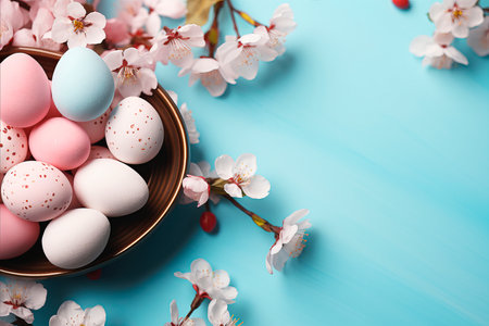 Happy Easter. Composition with beautiful Easter eggs. Stylish, delicate Easter template. Easter holiday concept.の写真素材