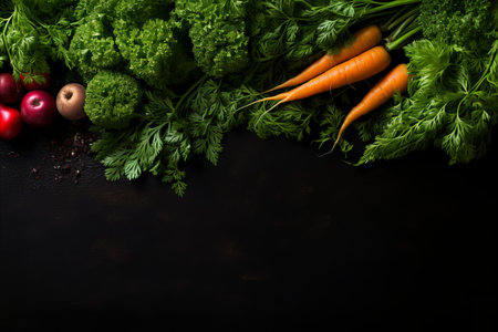 Ripe beautiful tasty vegetables on a dark banner background. Healthy food concept, harvestの素材
