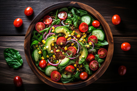 Spring vegan salad with spinach, cherry tomatoes, corn salad, baby spinach, cucumber and red onion. Healthy food concept.Top view.の素材