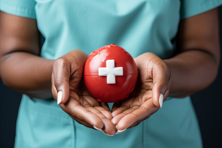 Woman hand holding plus icon for the healthcare medical icon. Health insurance health concept. Access to welfare healthの素材