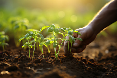 Close-up of farmers hands planting young seedlings in ground with warm sunlightの素材