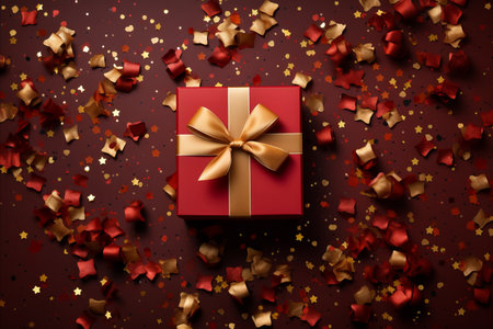 Top view gift box, adorned with vibrant ribbon. Greeting card. Flat lay style with copy space.の素材