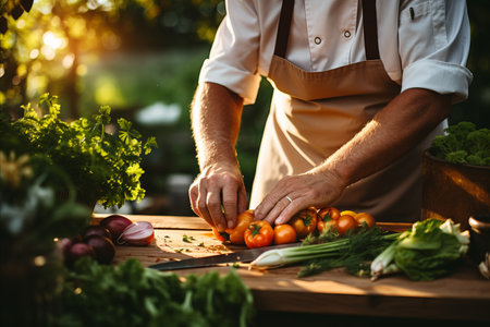A man collects fresh vegetables on a farm. Harvesting. Farming conceptの素材