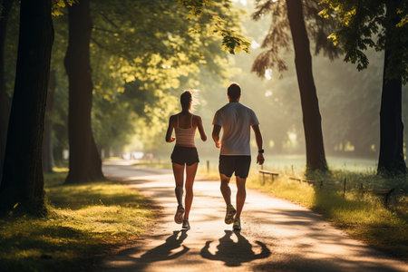 An adult couple on a morning jog in a sunny forest. Healthy lifestyle conceptの素材