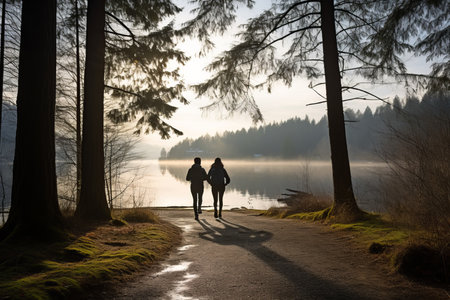 An adult couple on a morning jog in a sunny forest. Healthy lifestyle conceptの素材