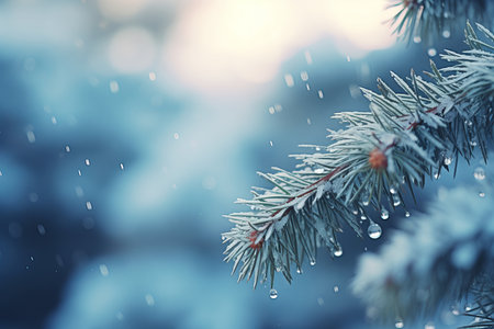 Winter background with fir trees covered with frosty ice and snow on coniferous trees. Christmas decor, holiday conceptの素材